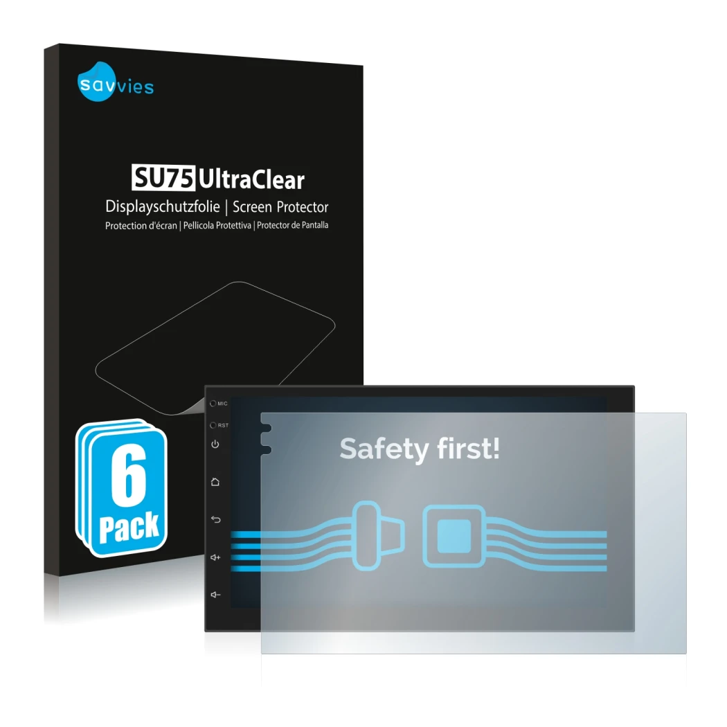 Front side of a product packaging with the brand logo Savvies. Next to it is the device Phonocar MediaStation 2Din shown with 