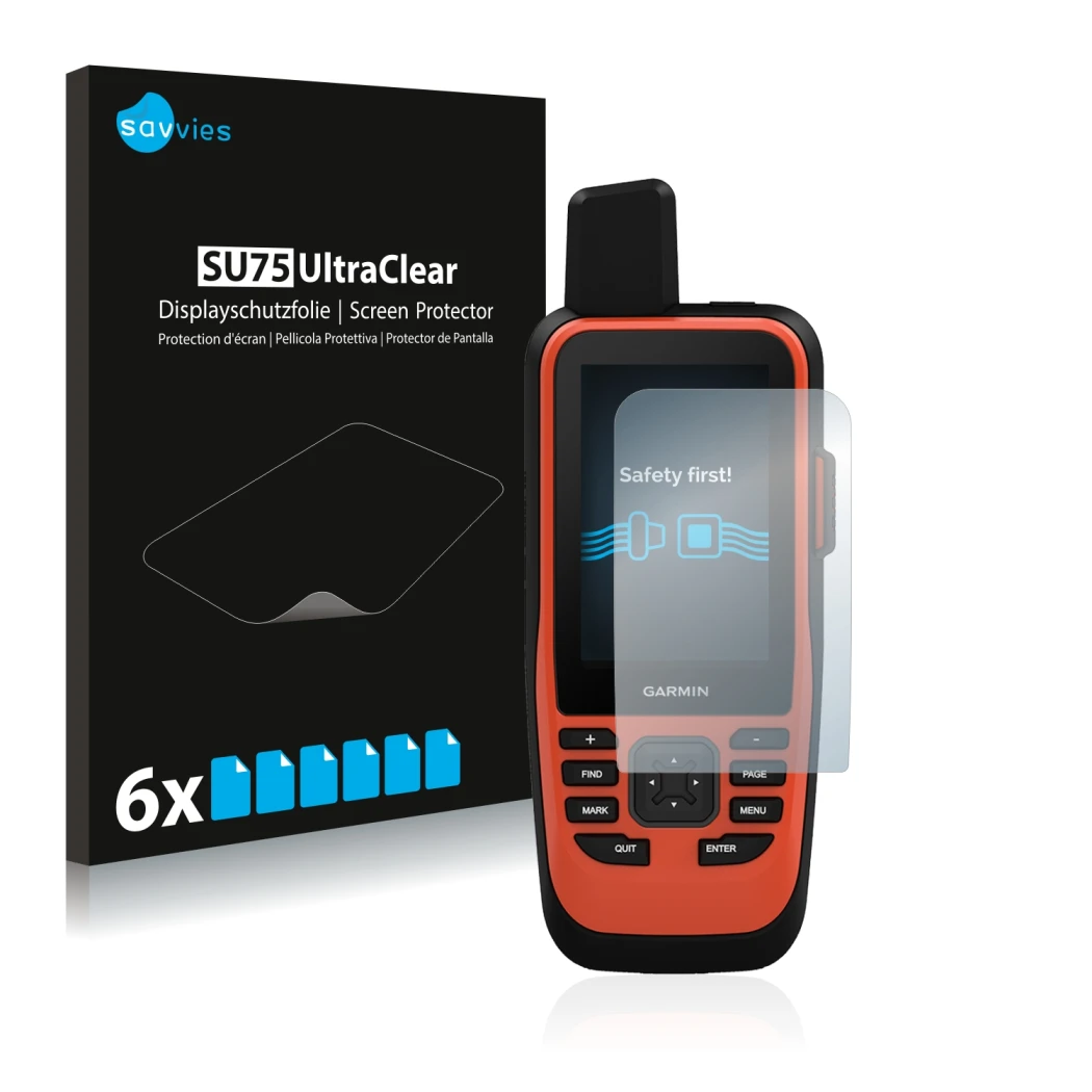 Front side of a product packaging with the brand logo Savvies. Next to it is the device Garmin GPSMAP 86i shown with the corre