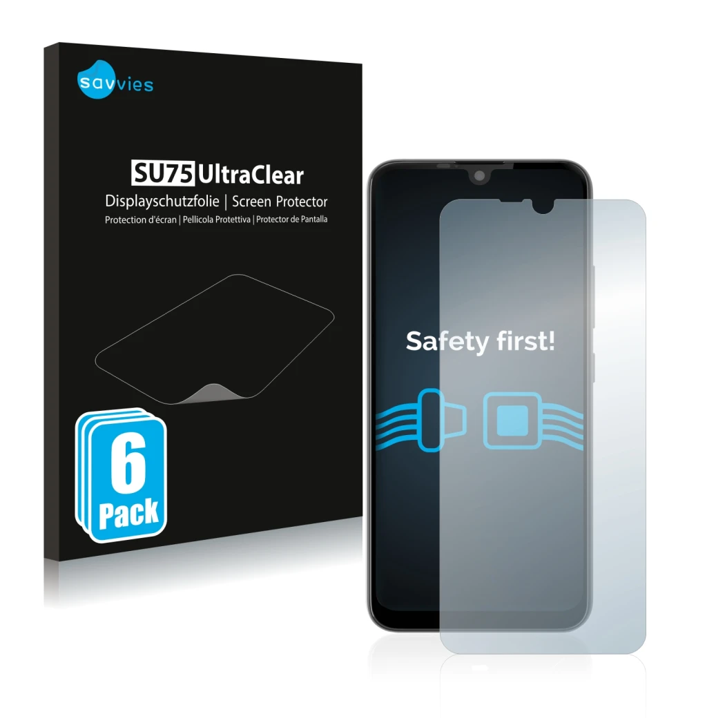 Front side of a product packaging with the brand logo Savvies. Next to it is the device Gigaset GS190 shown with the correspon