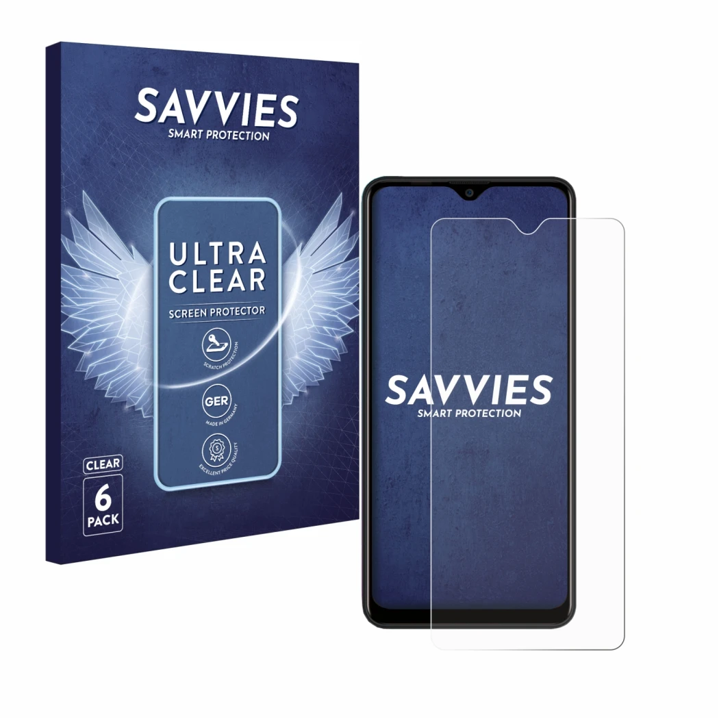 Front side of a product packaging with the brand logo Savvies. Next to it is the device Blackview A80 Pro shown with the corre