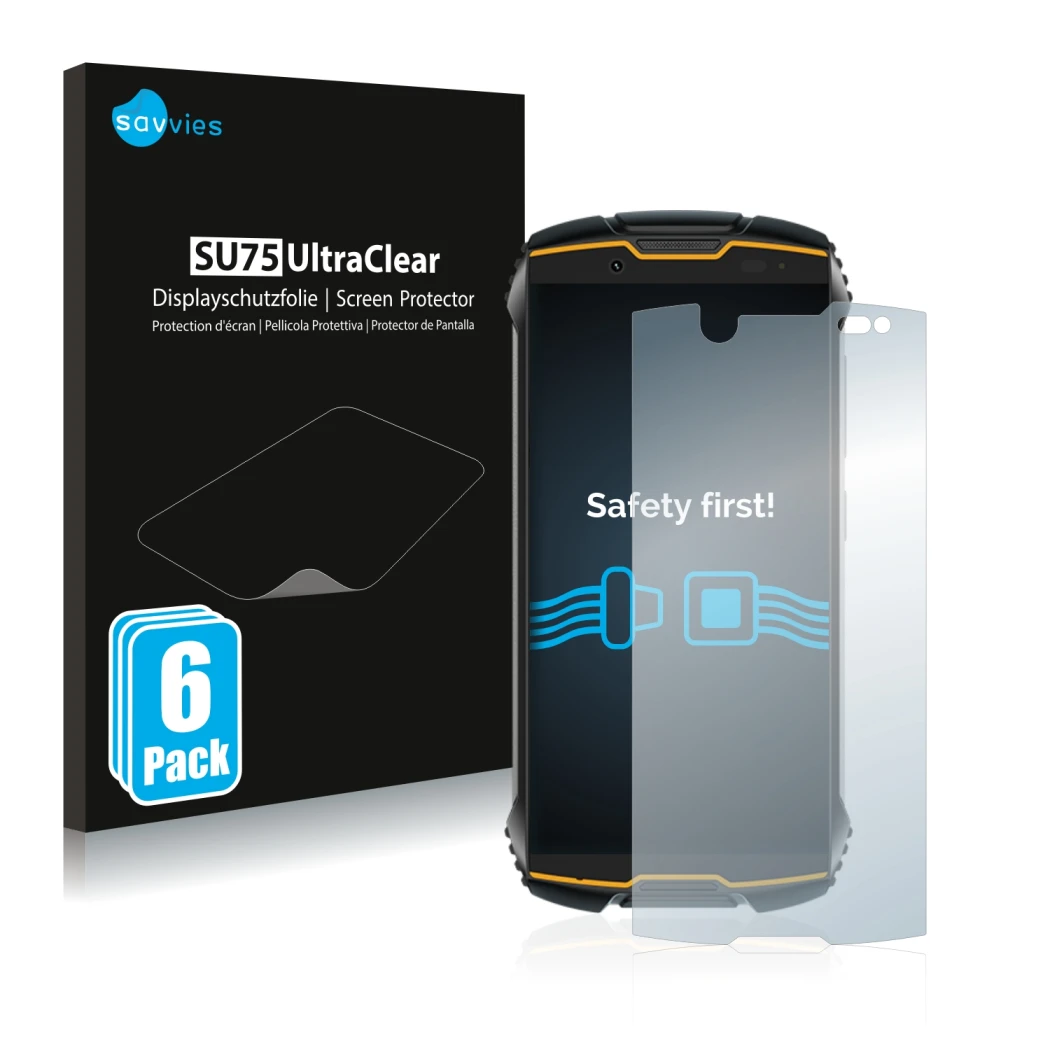 Front side of a product packaging with the brand logo Savvies. Next to it is the device Cubot King Kong Mini shown with the co