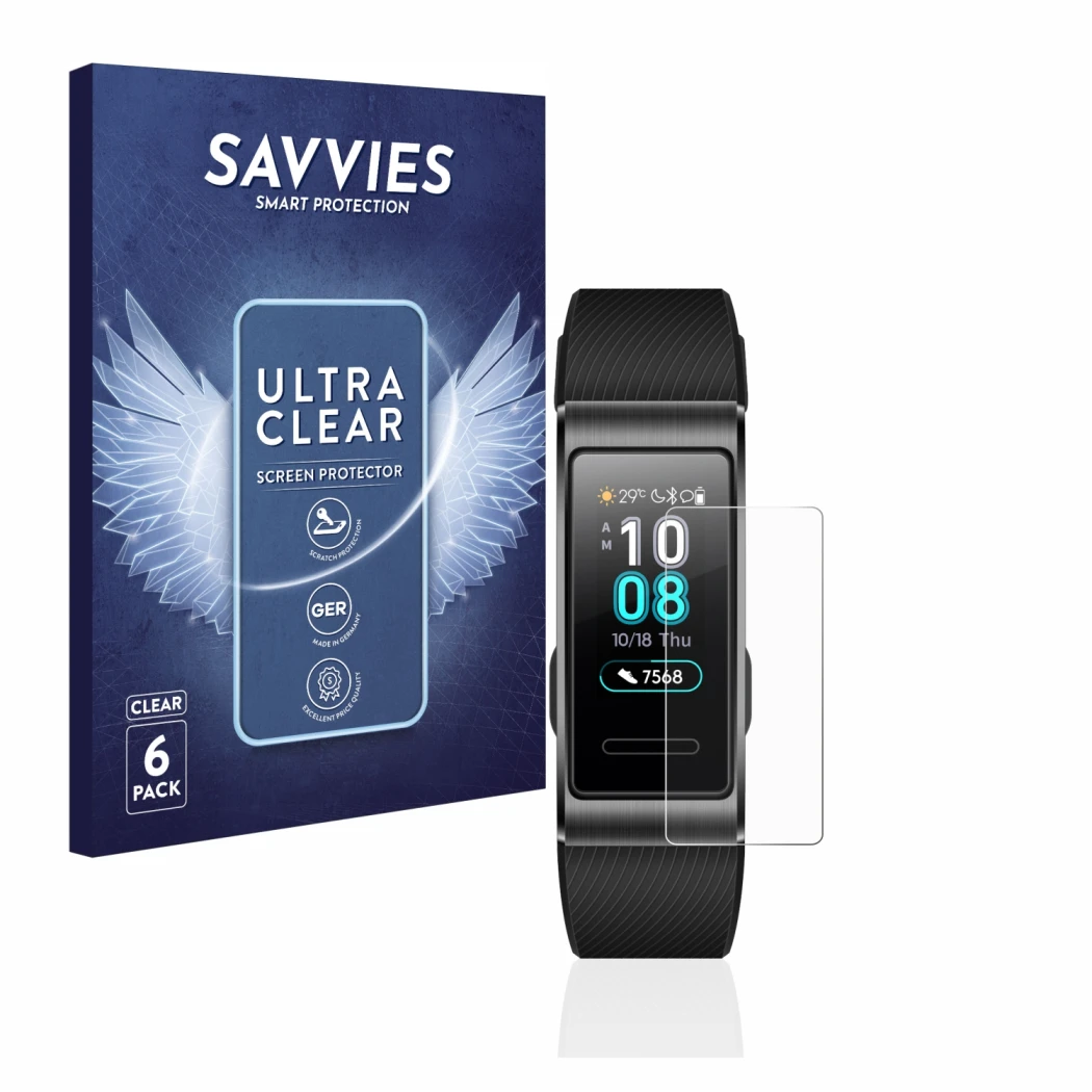 Front side of a product packaging with the brand logo Savvies. Next to it is the device Huawei Band 4 Pro shown with the corre