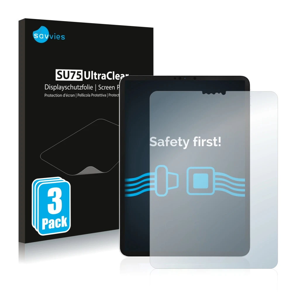 Front side of a product packaging with the brand logo Savvies. Next to it is the device Apple iPad Pro 11