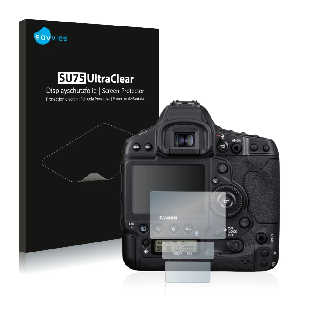 Front side of a product packaging with the brand logo Savvies. Next to it is the device Canon EOS 1D X Mark III shown with the