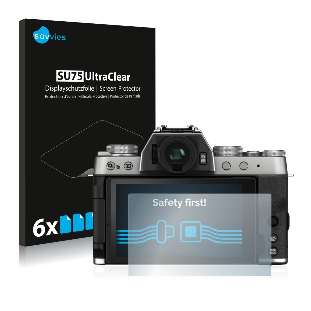 Front side of a product packaging with the brand logo Savvies. Next to it is the device Fujifilm X-T200 shown with the corresp