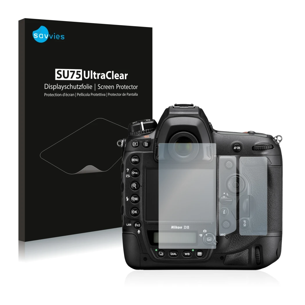 Front side of a product packaging with the brand logo Savvies. Next to it is the device Nikon D6 shown with the corresponding 