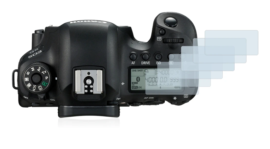 Image of the device Canon EOS 6D (top plate display) with a wide variety of screen protectors.