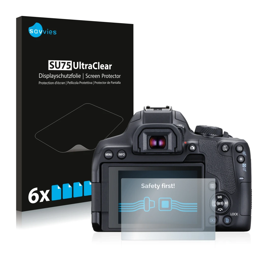 Front side of a product packaging with the brand logo Savvies. Next to it is the device Canon EOS 850D shown with the correspo