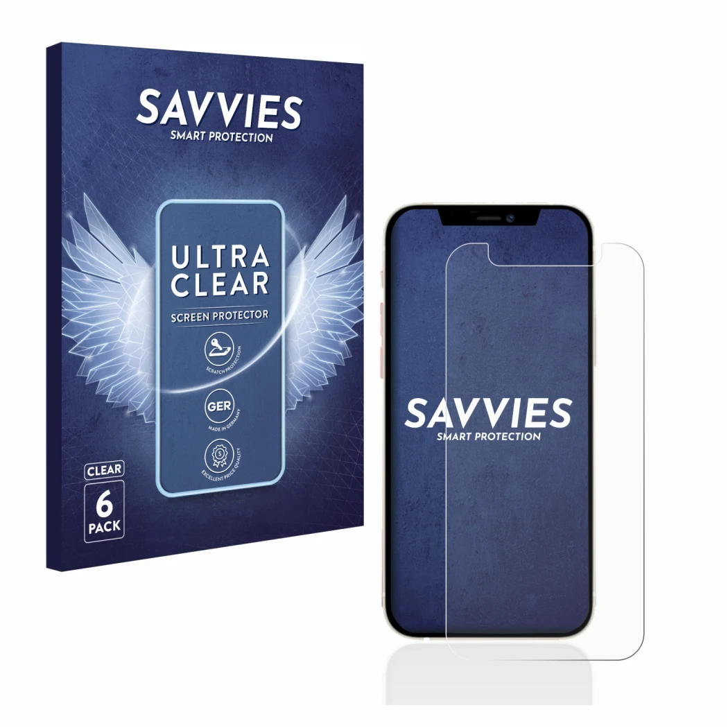 Front side of a product packaging with the brand logo Savvies. Next to it is the device Apple iPhone 12 mini shown with the co