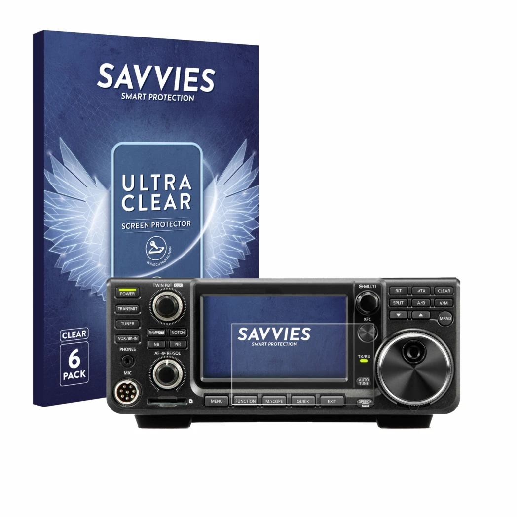 Front side of a product packaging with the brand logo Savvies. Next to it is the device Icom IC-9700 shown with the correspond