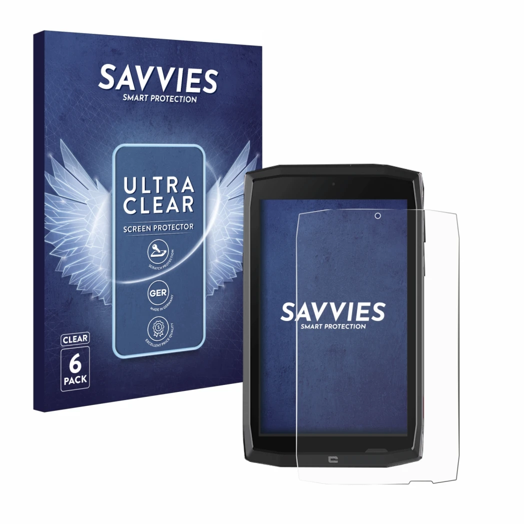 Front side of a product packaging with the brand logo Savvies. Next to it is the device Crosscall Core T4 shown with the corre