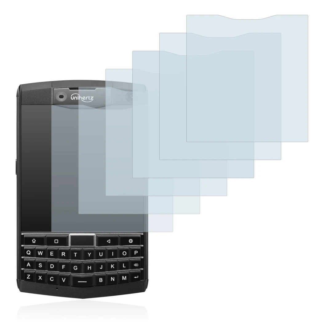 Image of the device Unihertz Titan with a wide variety of screen protectors.