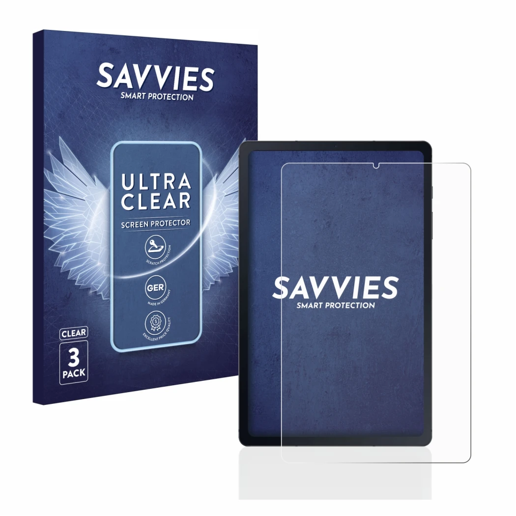 Front side of a product packaging with the brand logo Savvies. Next to it is the device Samsung Galaxy Tab S6 Lite LTE 2020 sh