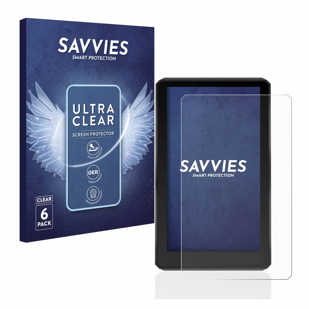 Front side of a product packaging with the brand logo Savvies. Next to it is the device Garmin zumo XT shown with the correspo