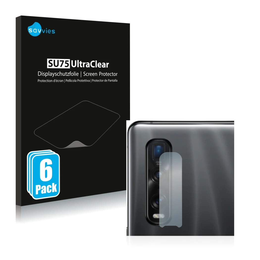 Front side of a product packaging with the brand logo Savvies. Next to it is the device Oppo Find X2 Pro (ONLY Camera Lens) sh