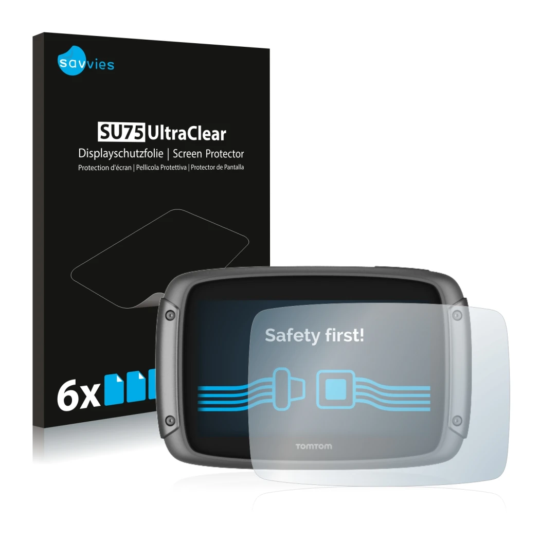Front side of a product packaging with the brand logo Savvies. Next to it is the device TomTom Rider 50 shown with the corresp