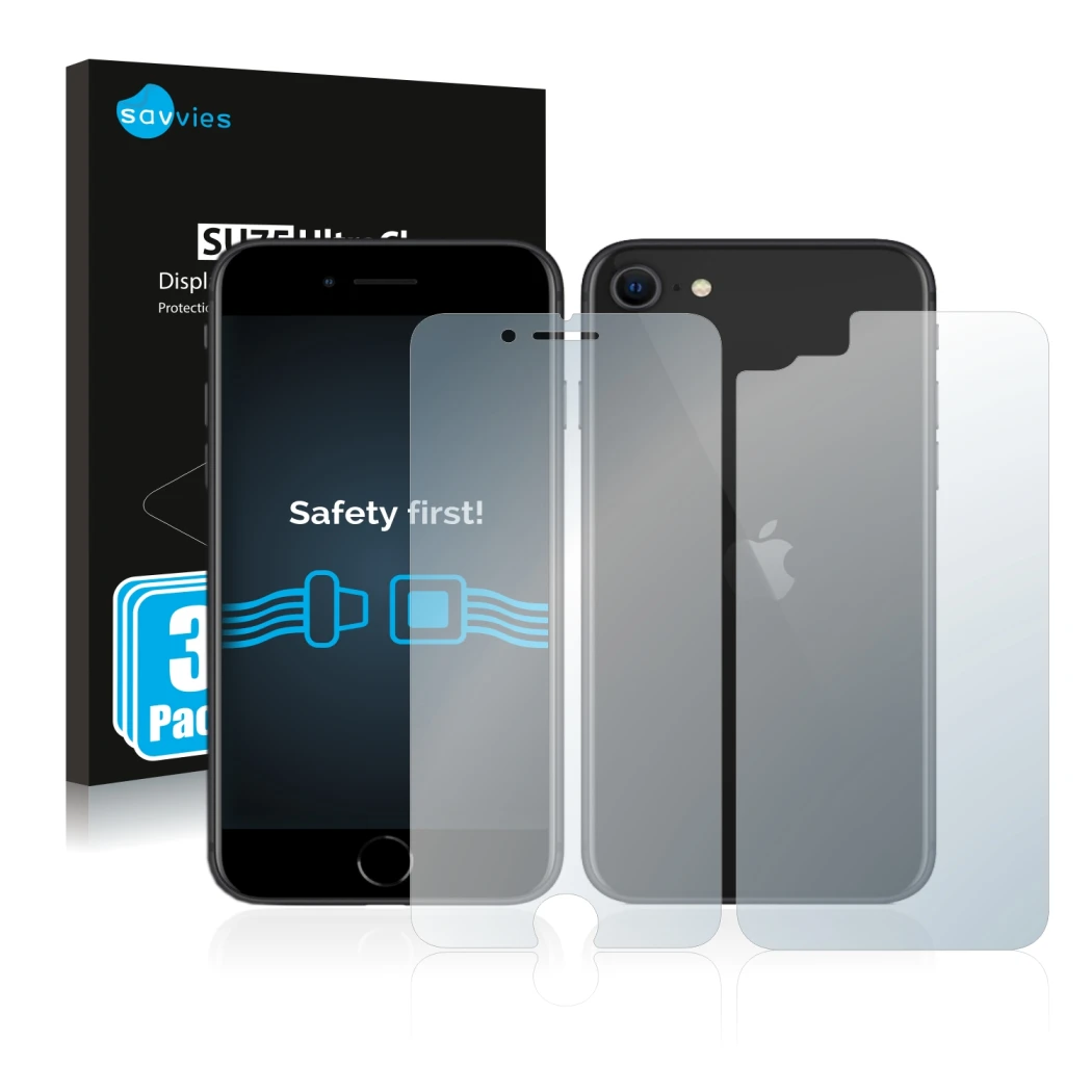 Front side of a product packaging with the brand logo Savvies. Next to it is the device Apple iPhone SE 2 2020 (Front+Back) sh