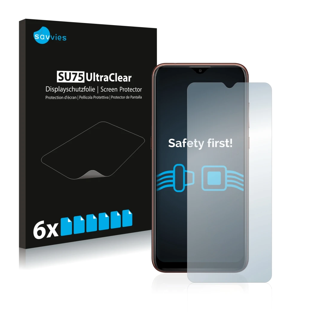 Front side of a product packaging with the brand logo Savvies. Next to it is the device Wiko View 4 shown with the correspondi