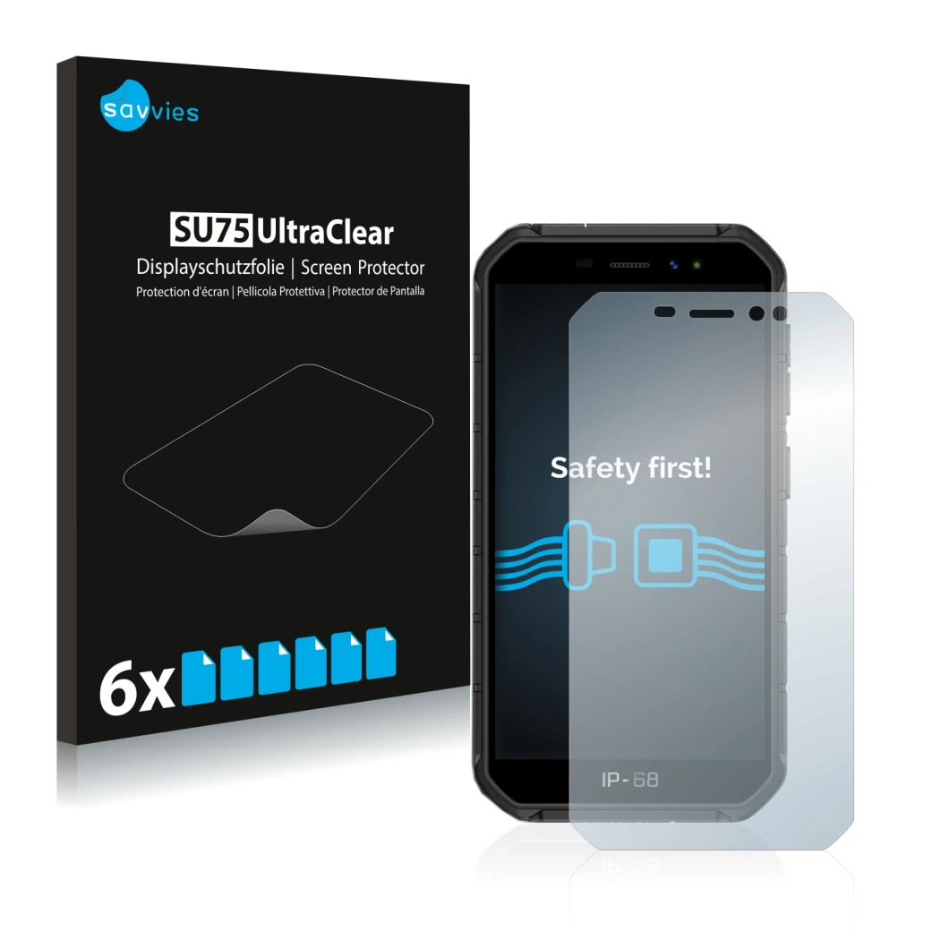 Front side of a product packaging with the brand logo Savvies. Next to it is the device Ulefone Armor X7 shown with the corres