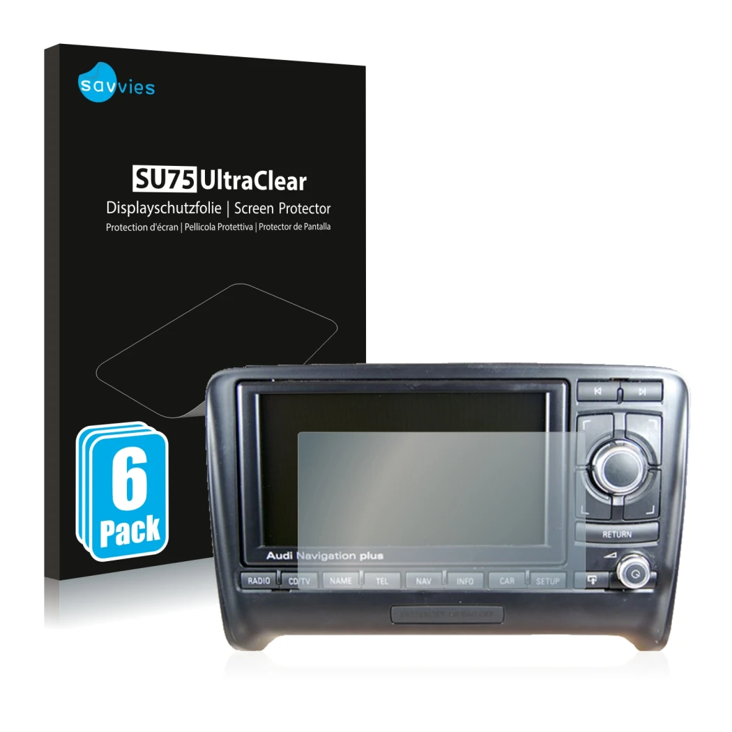 Front side of a product packaging with the brand logo Savvies. Next to it is the device Audi A4 8E 2004-2009 RNS-E shown with 