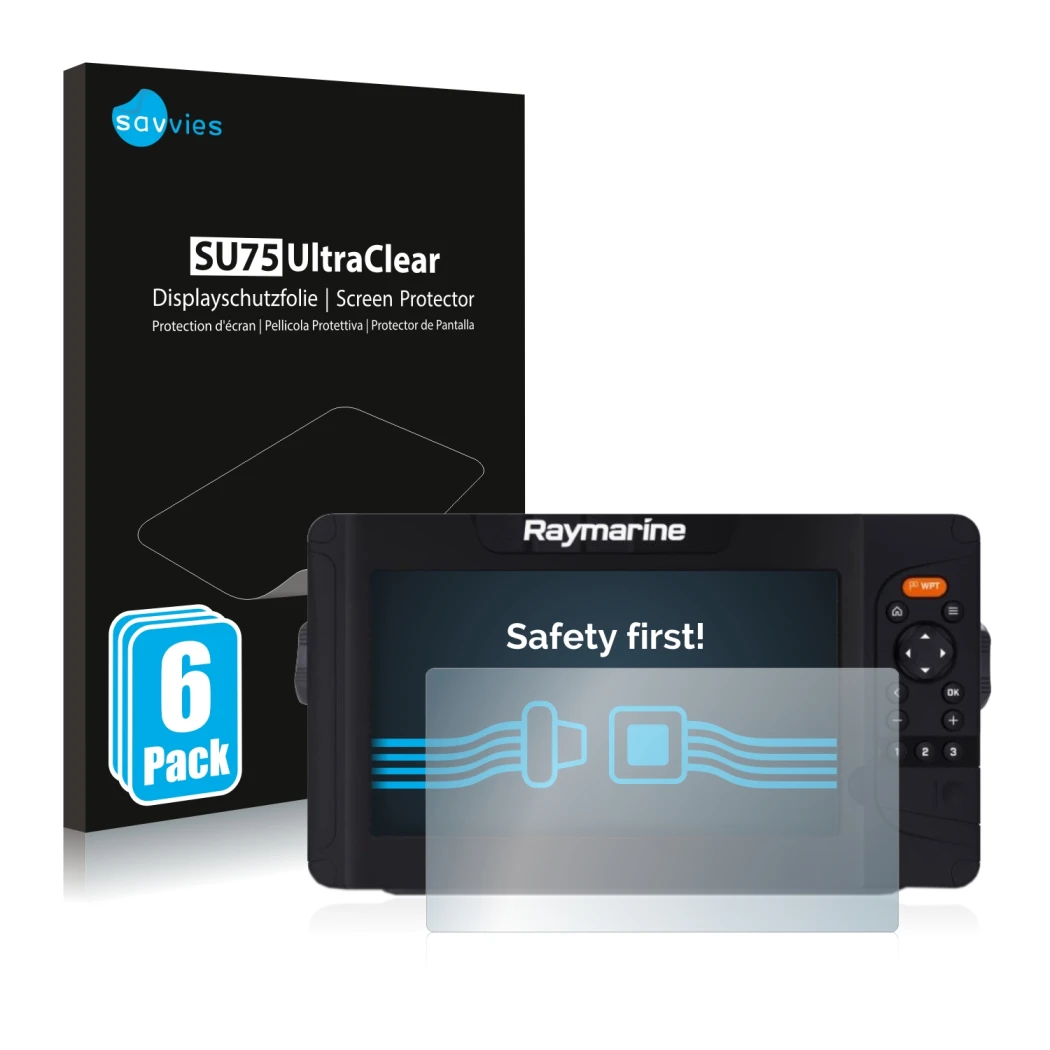 Front side of a product packaging with the brand logo Savvies. Next to it is the device Raymarine Element 7 HV shown with the 