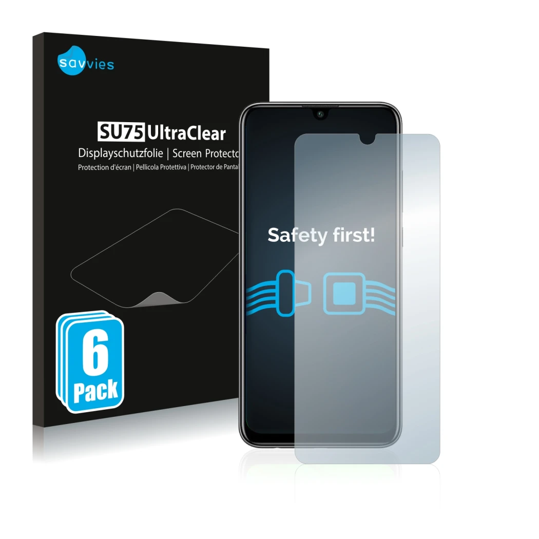Front side of a product packaging with the brand logo Savvies. Next to it is the device Huawei P smart 2020 shown with the cor