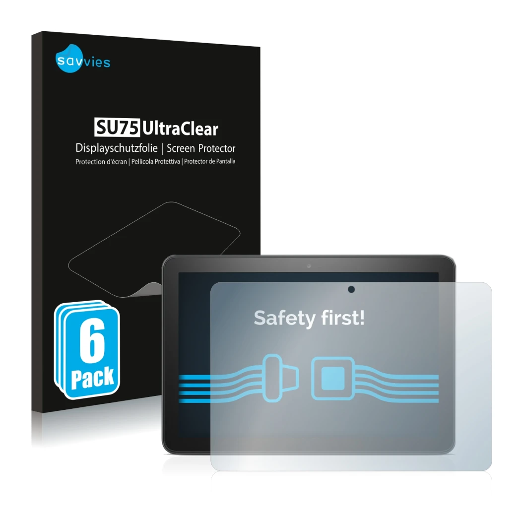 Front side of a product packaging with the brand logo Savvies. Next to it is the device Amazon Fire HD 8 Plus 2020 (10th Gen.)