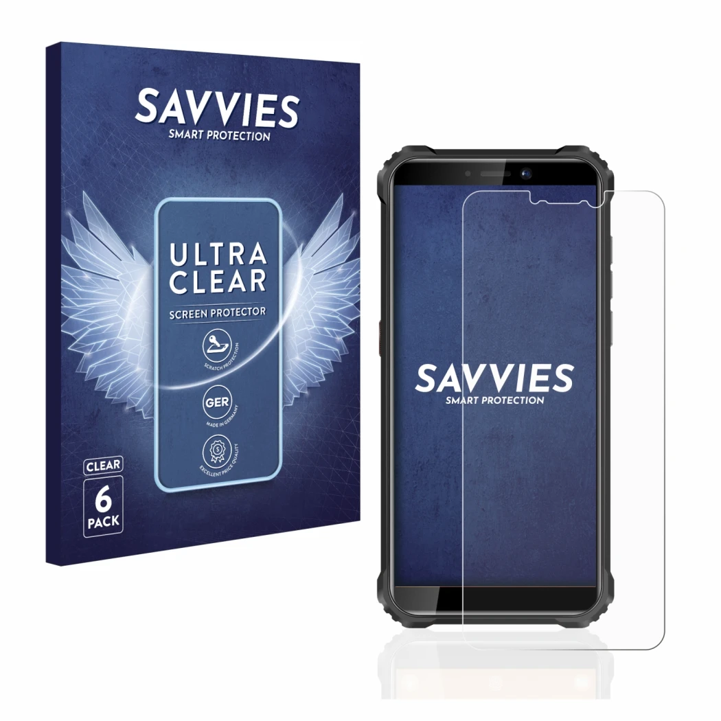 Front side of a product packaging with the brand logo Savvies. Next to it is the device Oukitel WP5 shown with the correspondi