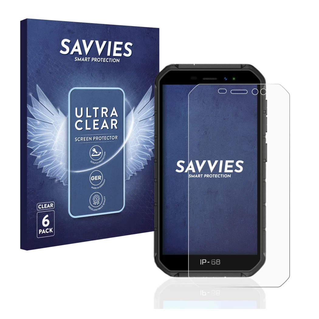 Front side of a product packaging with the brand logo Savvies. Next to it is the device Ulefone Armor X7 Pro shown with the co