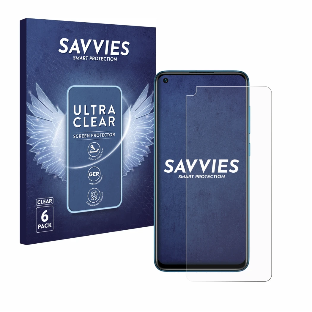 Front side of a product packaging with the brand logo Savvies. Next to it is the device Xiaomi Redmi Note 9 shown with the cor