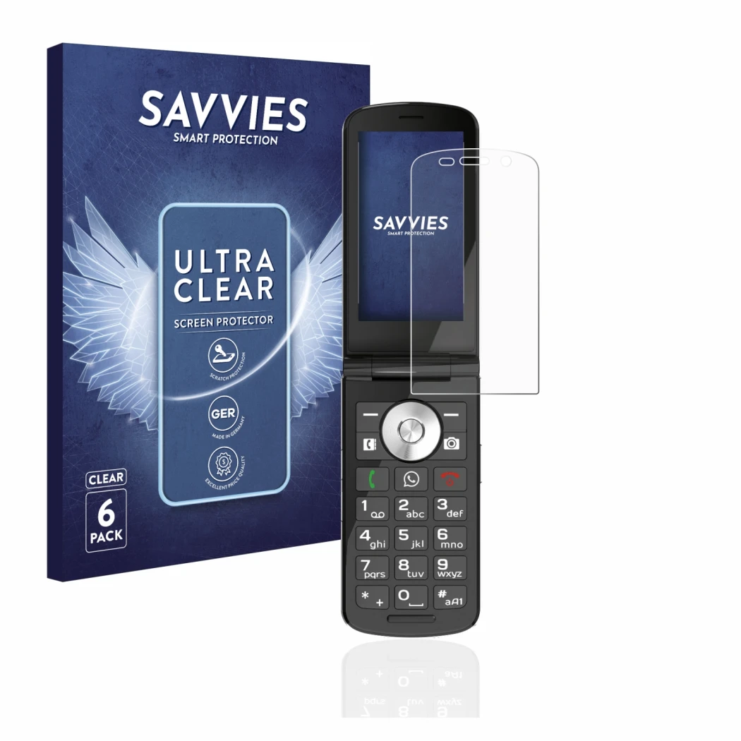 Front side of a product packaging with the brand logo Savvies. Next to it is the device Emporia TOUCHsmart shown with the corr