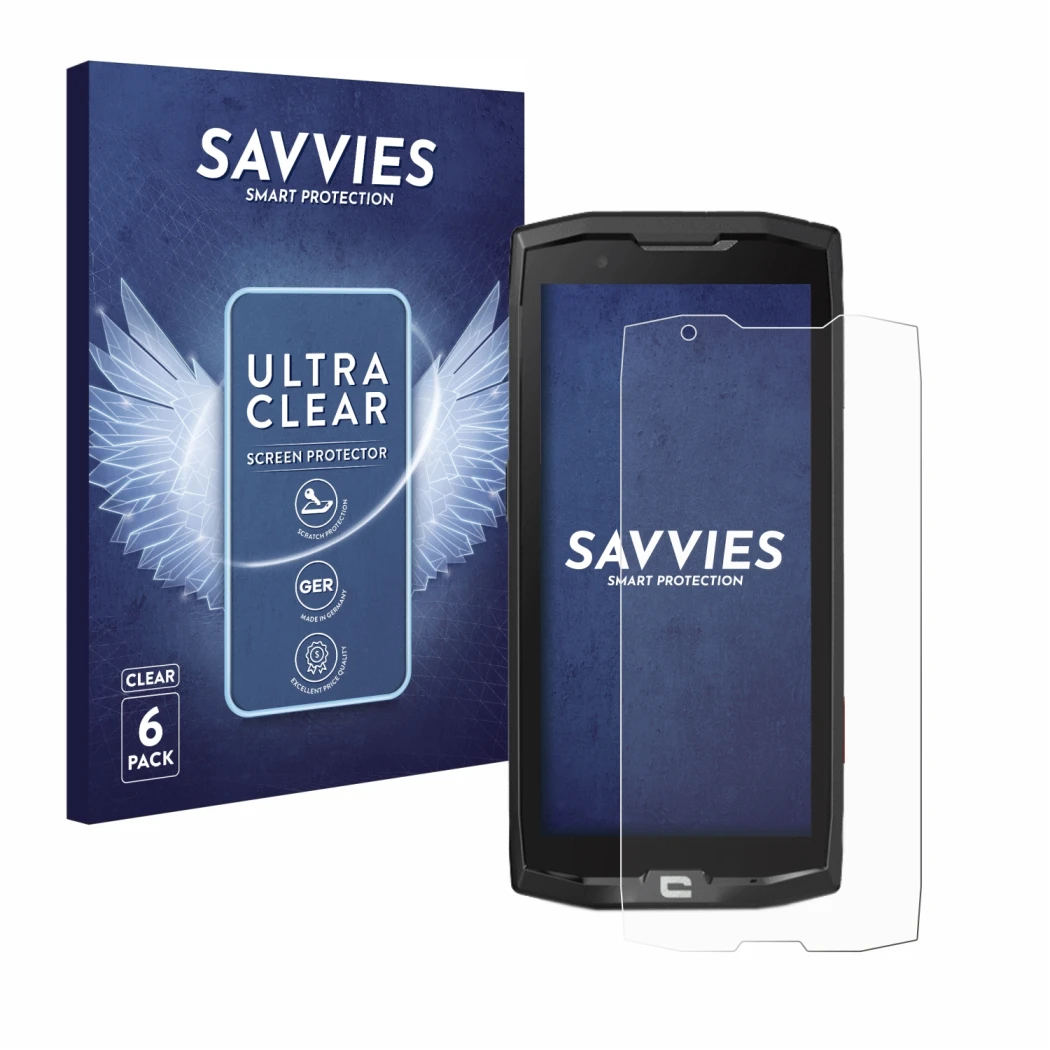 Front side of a product packaging with the brand logo Savvies. Next to it is the device Crosscall Core X4 shown with the corre