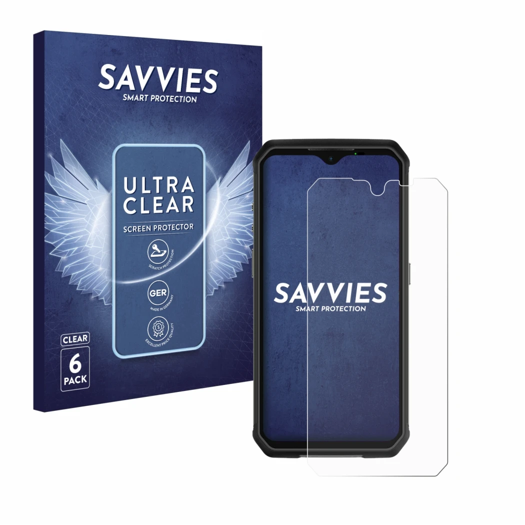 Front side of a product packaging with the brand logo Savvies. Next to it is the device Ulefone Armor 9 shown with the corresp