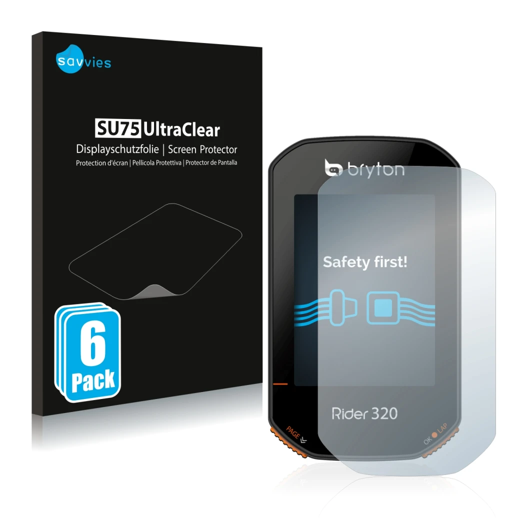 Front side of a product packaging with the brand logo Savvies. Next to it is the device Bryton Rider 320 shown with the corres