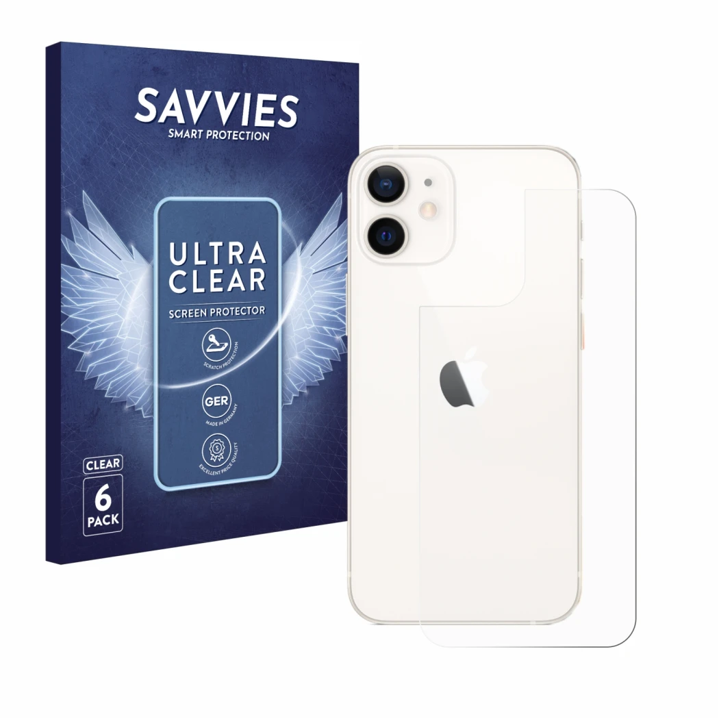 Front side of a product packaging with the brand logo Savvies. Next to it is the device Apple iPhone 12 mini (Back) shown with
