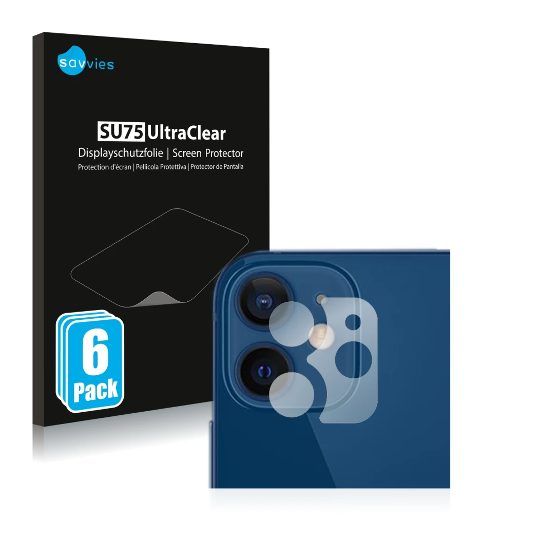 Front side of a product packaging with the brand logo Savvies. Next to it is the device Apple iPhone 12 (ONLY Camera Lens) sho