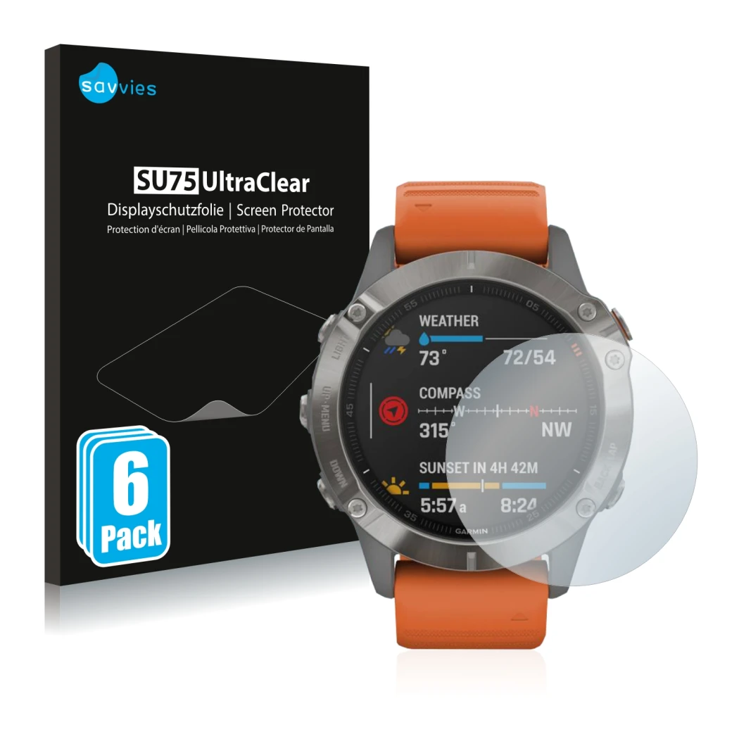 Front side of a product packaging with the brand logo Savvies. Next to it is the device Garmin Fenix 6 Pro Solar shown with th