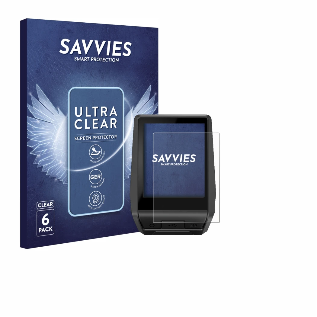 Front side of a product packaging with the brand logo Savvies. Next to it is the device Bosch Nyon 2020 shown with the corresp