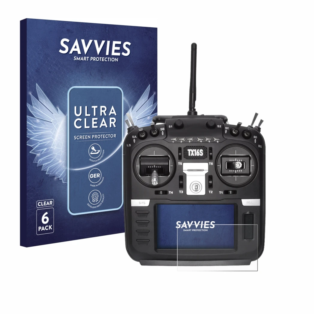 Front side of a product packaging with the brand logo Savvies. Next to it is the device Radiomaster TX16S shown with the corre