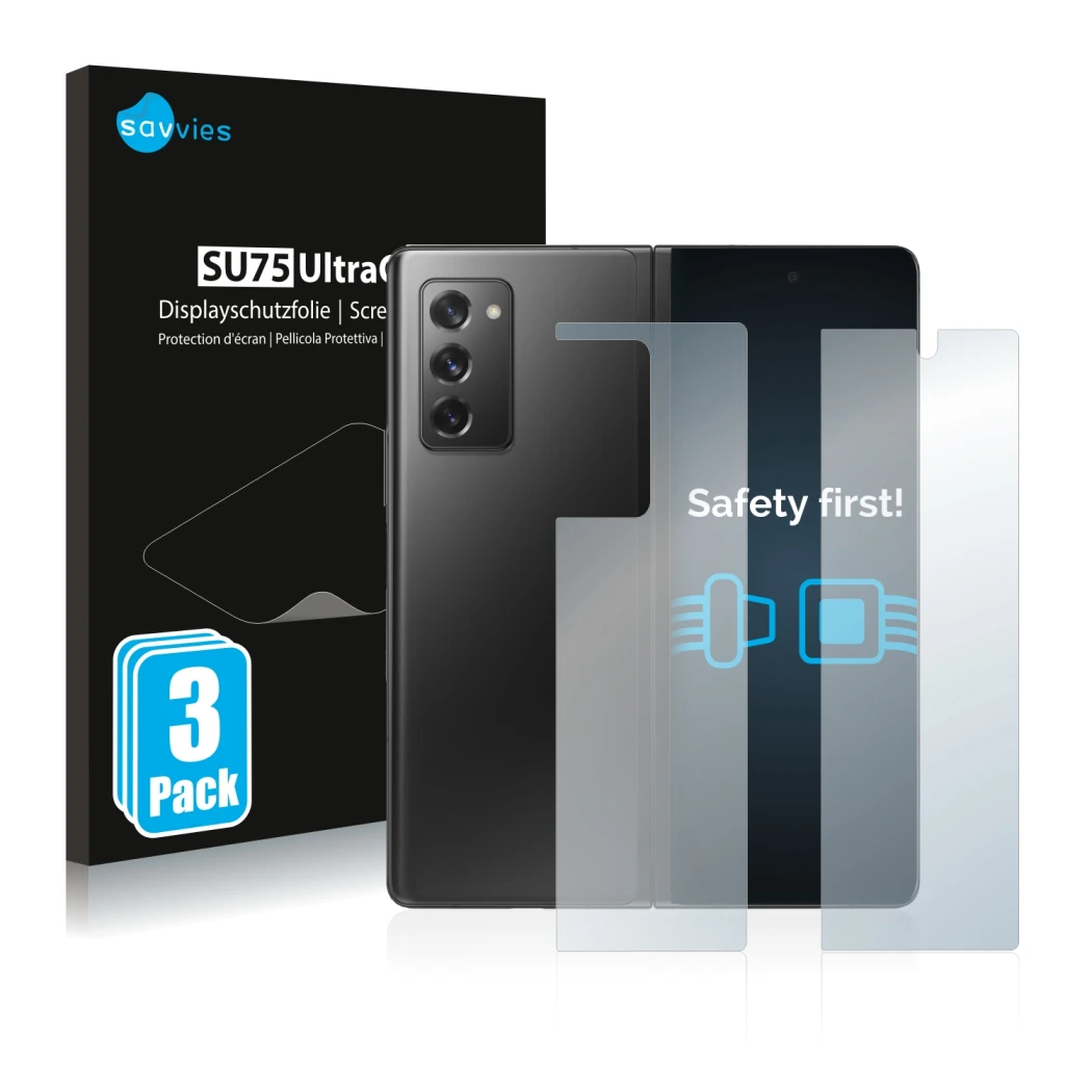 Front side of a product packaging with the brand logo Savvies. Next to it is the device Samsung Galaxy Z Fold 2 5G (Front+Back