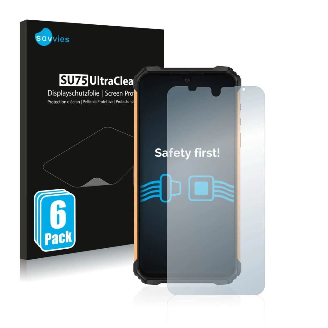 Front side of a product packaging with the brand logo Savvies. Next to it is the device Ulefone Armor 8 shown with the corresp