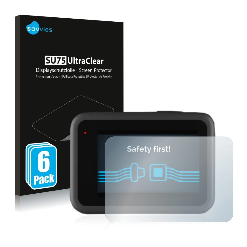 Front side of a product packaging with the brand logo Savvies. Next to it is the device GoPro Hero 9 Black shown with the corr