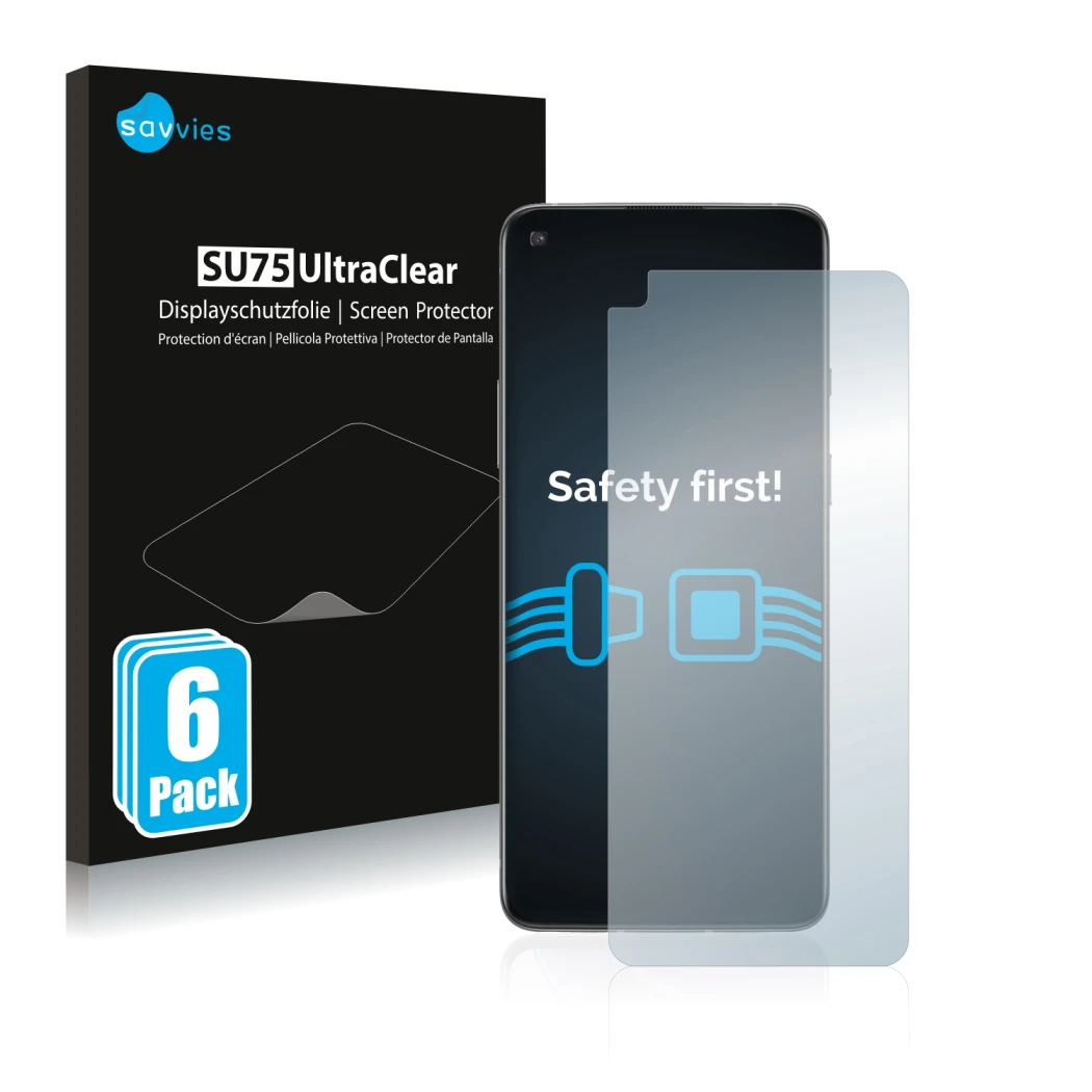 Front side of a product packaging with the brand logo Savvies. Next to it is the device OnePlus 8T shown with the correspondin