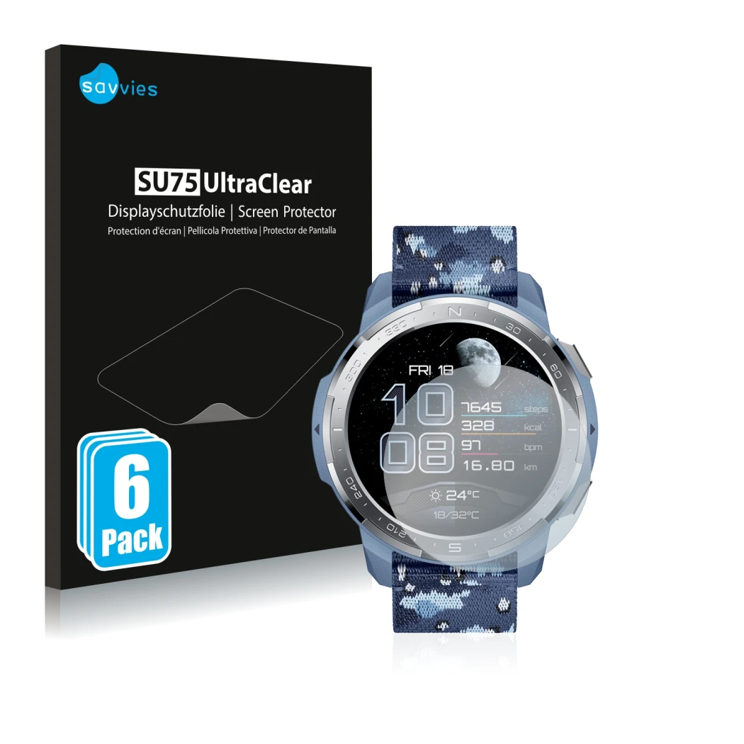 Front side of a product packaging with the brand logo Savvies. Next to it is the device Honor Watch GS Pro shown with the corr