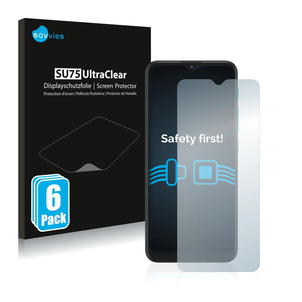 Front side of a product packaging with the brand logo Savvies. Next to it is the device Motorola Moto E7 Plus shown with the c