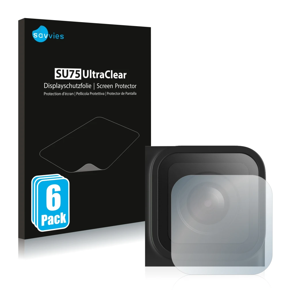 Front side of a product packaging with the brand logo Savvies. Next to it is the device GoPro Hero 9 Black (Lens) shown with t