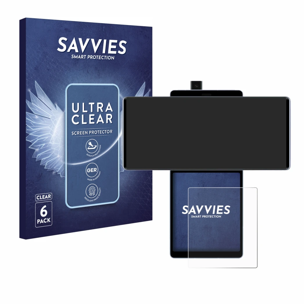 Front side of a product packaging with the brand logo Savvies. Next to it is the device LG Wing (Back display) shown with the 