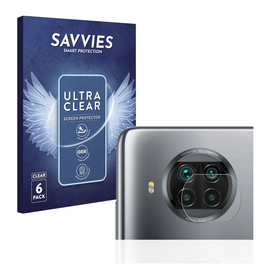 Front side of a product packaging with the brand logo Savvies. Next to it is the device Xiaomi Mi 10T Lite (ONLY Camera Lens) 