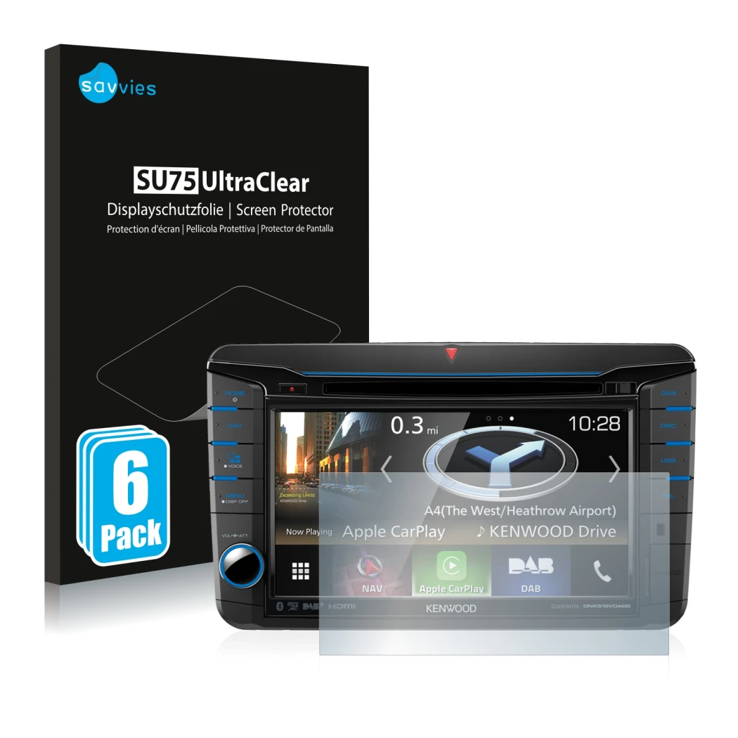 Front side of a product packaging with the brand logo Savvies. Next to it is the device Kenwood DNX518VDABS shown with the cor