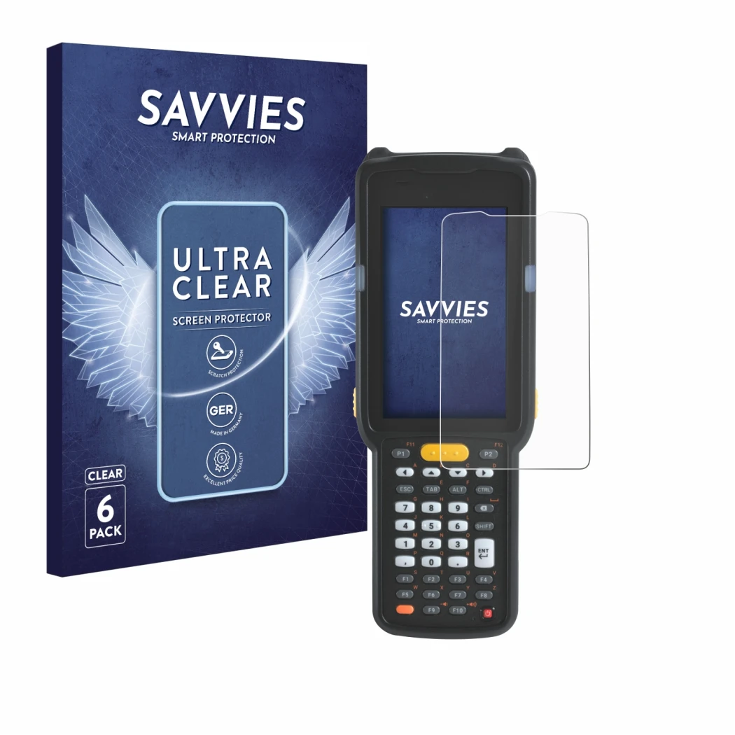 Front side of a product packaging with the brand logo Savvies. Next to it is the device Zebra MC330L shown with the correspond